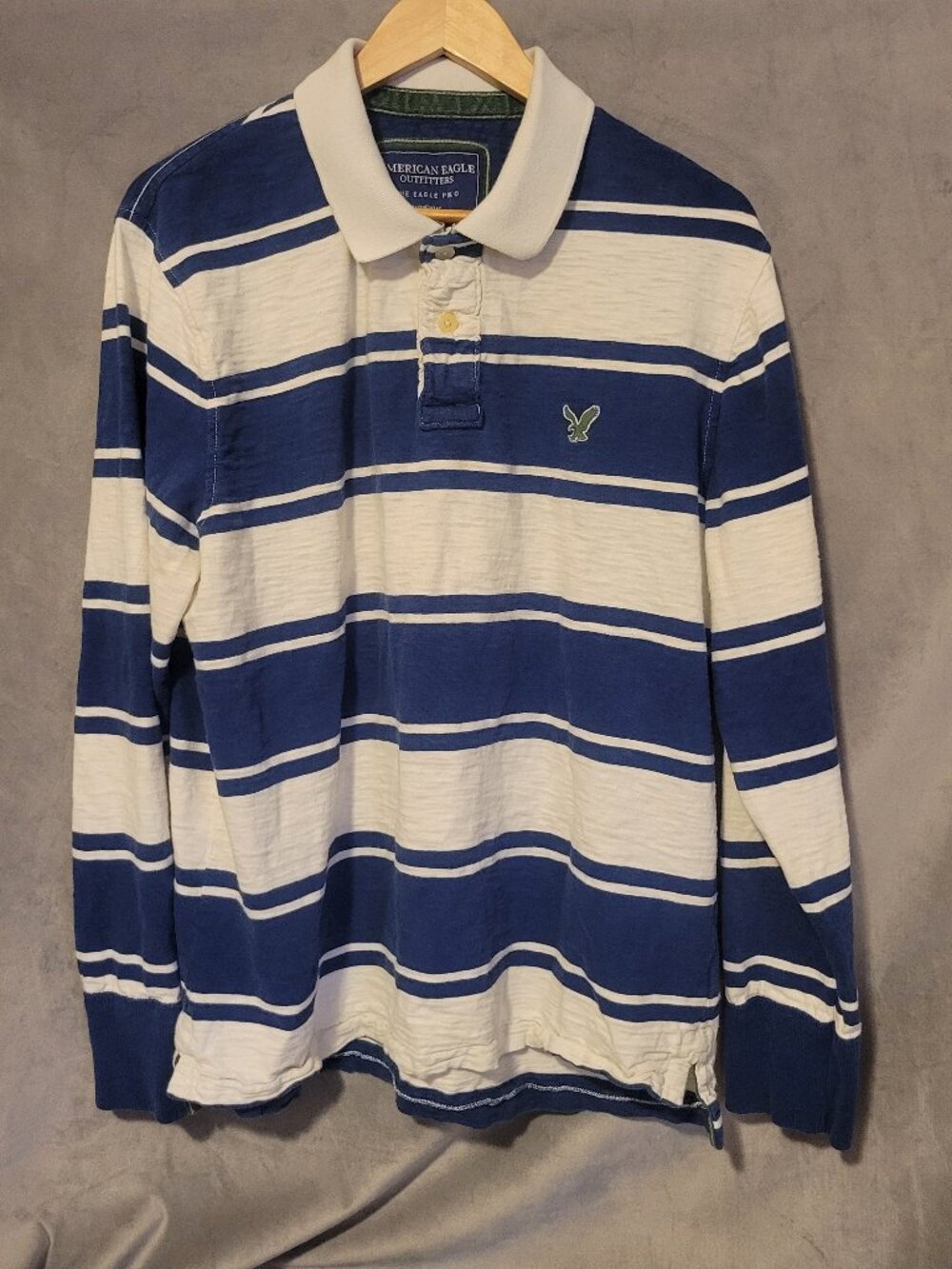 American Eagle Blue White Striped Long Sleeve 1/4 Button Pullover Men's Large
